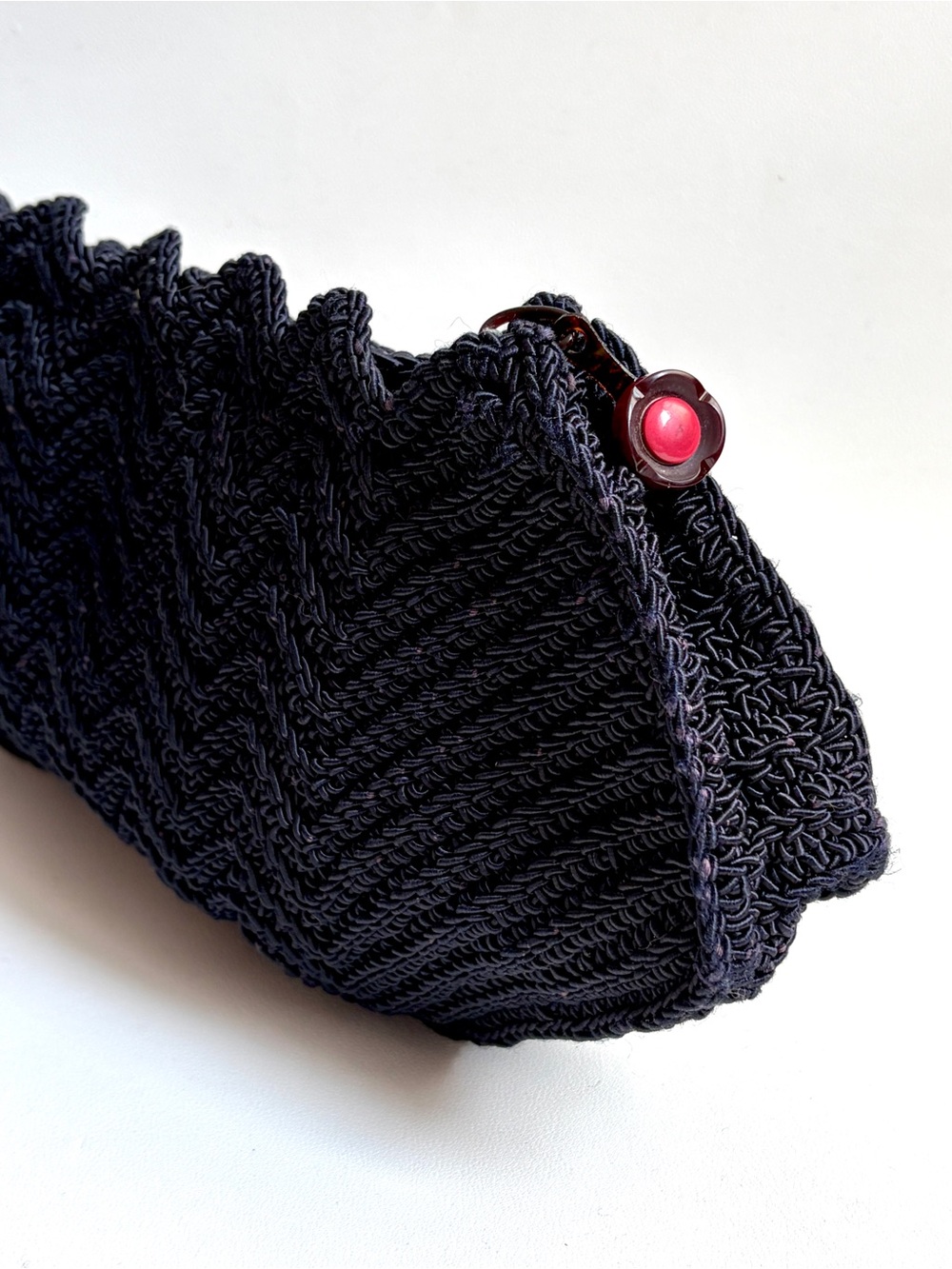 Vintage Corde Clutch 1950s Black Crochet Purse Large with Metal Zipper and Charm